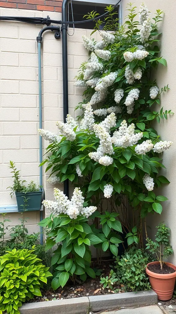 19+ Stunning Lilac Bush Landscaping Ideas for Your Garden 14 A small garden featuring lilac bushes with white flowers, surrounded by various green plants and a potted plant.