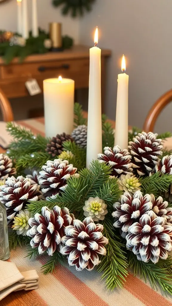 A beautiful centerpiece featuring frosted pinecones, candles, and greenery.