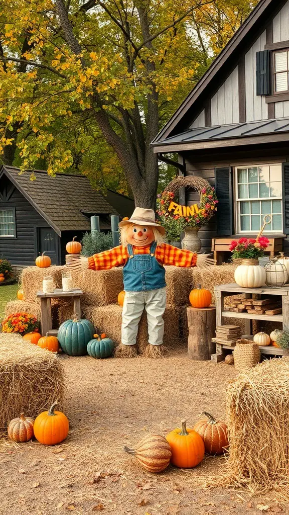 A cheerful scarecrow surrounded by pumpkins and hay bales in a farmhouse yard
