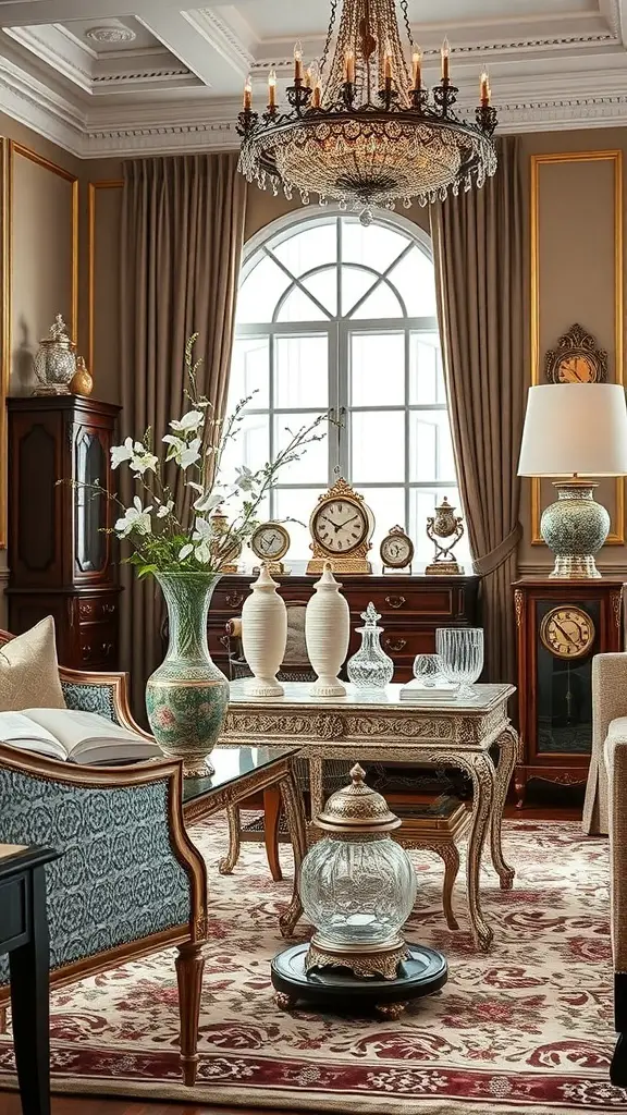 An elegant old money living room featuring a chandelier, ornate furniture, and decorative accessories.