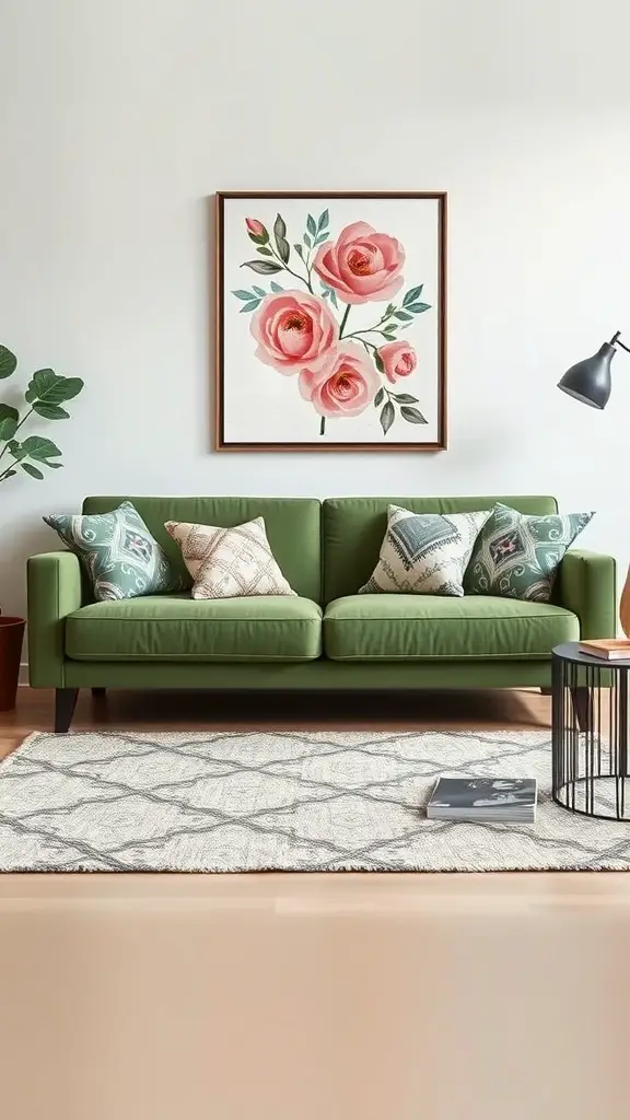 27+ Stunning Green Couch Living Room Ideas You’ll Love 9 A stylish living room featuring a green couch with patterned pillows, floral artwork, and a textured rug.