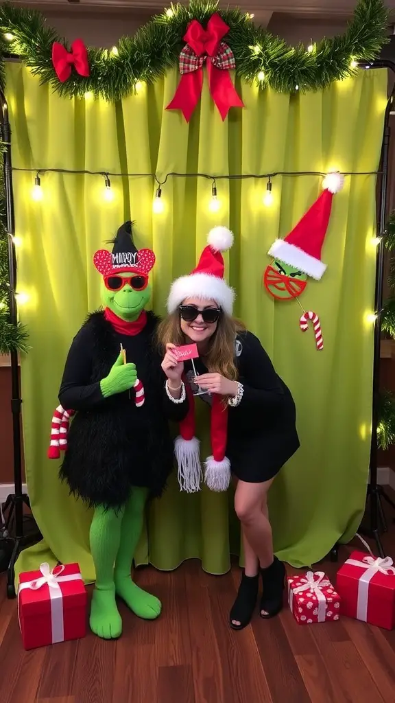 19+ Adorable Grinch Baby Shower Ideas You’ll Love 3 Children posing in a festive photo booth with Grinch props and decorations