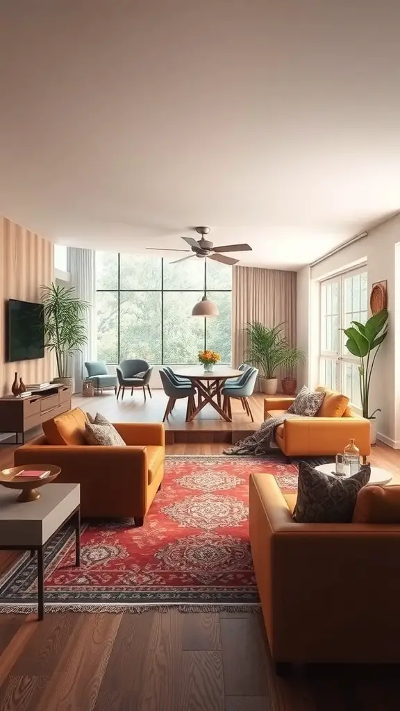 A vintage modern living room with orange sofas, a patterned rug, and a dining area in the background.