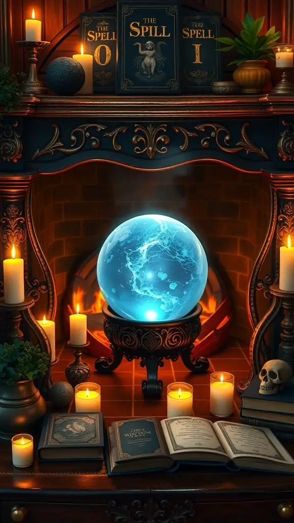 27+ Spooktacular Halloween Fireplace Decor Ideas You Need to Try 21 A fireplace decorated with a glowing crystal ball, candles, and spell books, creating a mystical Halloween atmosphere.