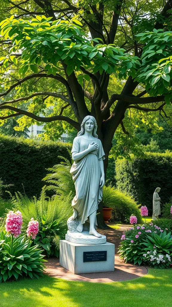 A graceful statue of a woman under a large tree, surrounded by colorful flowers in a garden
