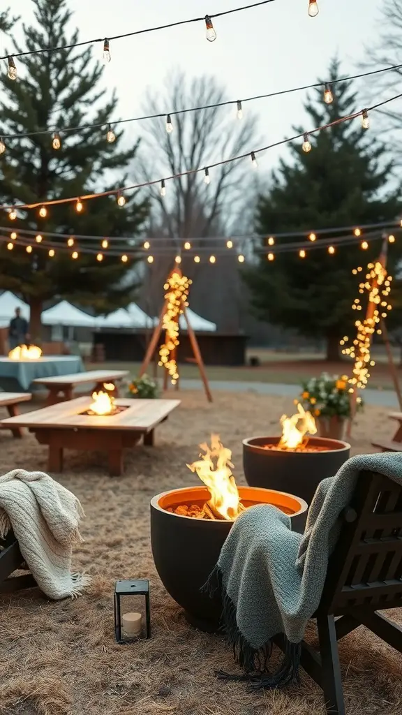 An intimate outdoor reception setting with string lights, fire pits, and cozy seating.