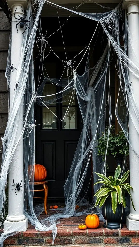 31+ Spooky Halloween House Decorations You Need This Season 10 A front porch decorated with cobwebs and spiders, featuring pumpkins and plants.