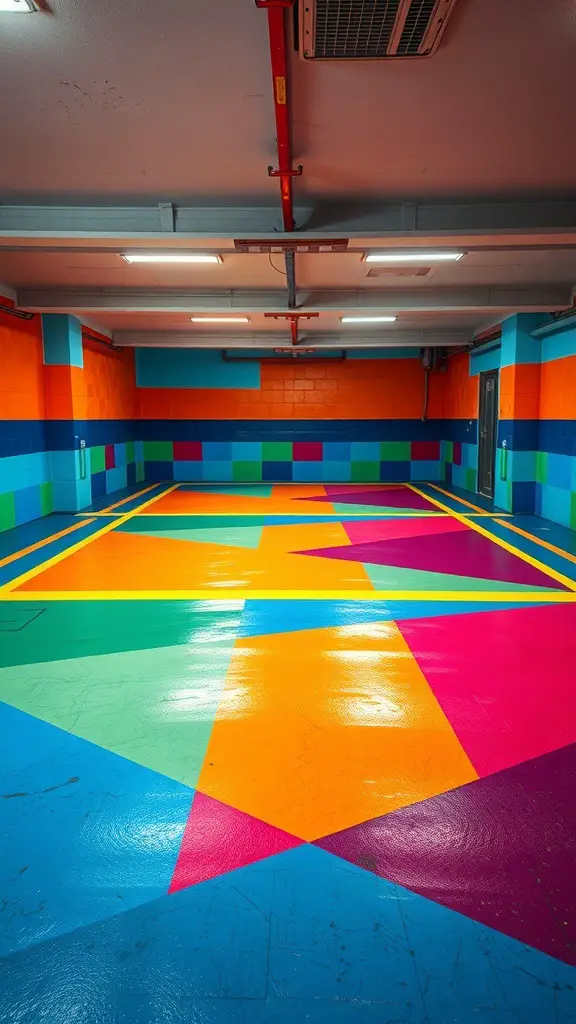 A vibrant garage floor painted with bold geometric patterns in bright colors.