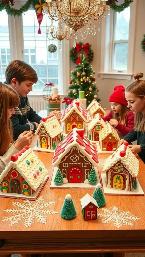 31+ Creative Friendsmas Party Ideas You’ll Love 16 Kids decorating gingerbread houses at a festive table