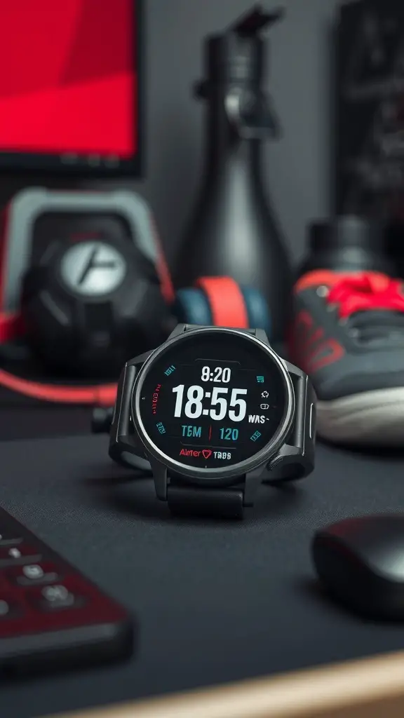 A smartwatch with fitness tracker on a desk surrounded by fitness equipment.