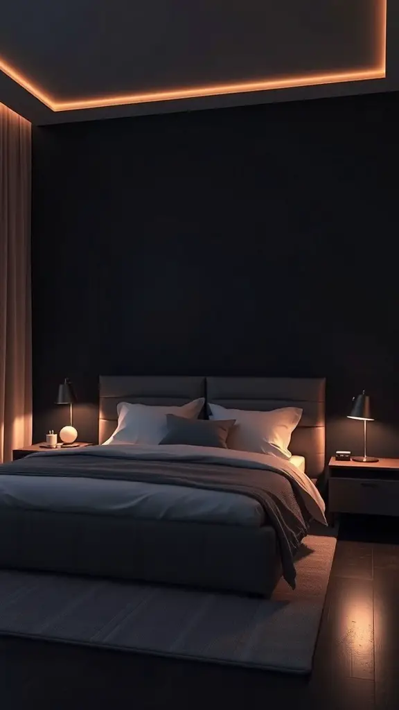 A dark modern bedroom with warm mood lighting