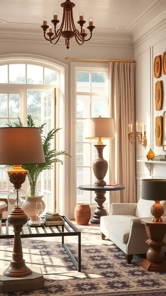A well-lit living room featuring elegant furniture and decorative lighting.