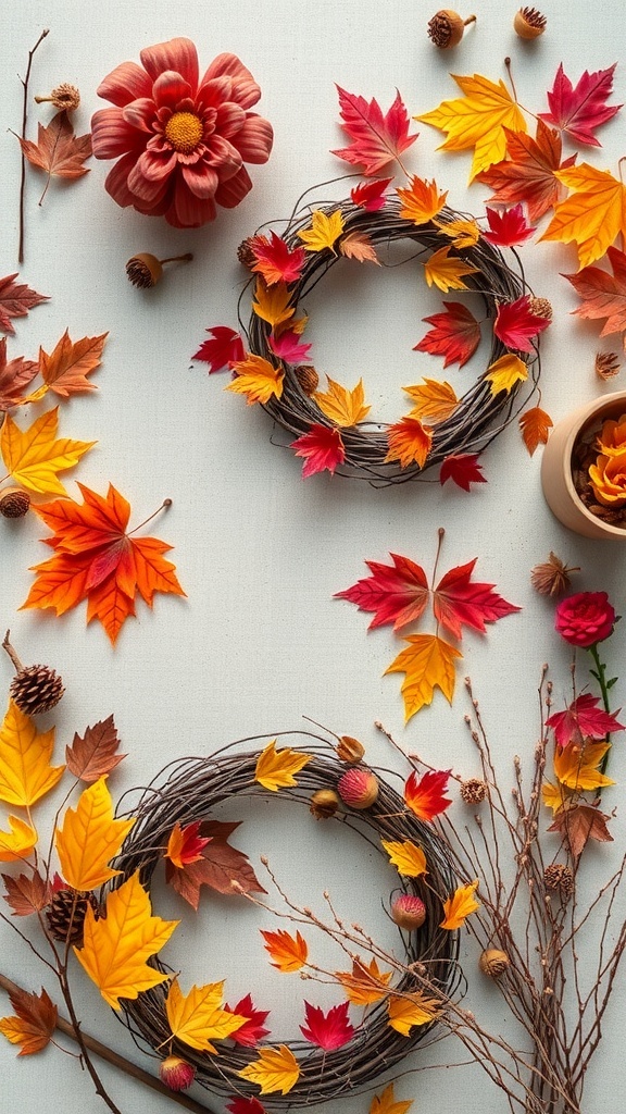 31+ Creative Fall Birthday Party Ideas You Need to Try 14 An assortment of autumn wreath crafting materials, including colorful leaves, twigs, and pinecones.