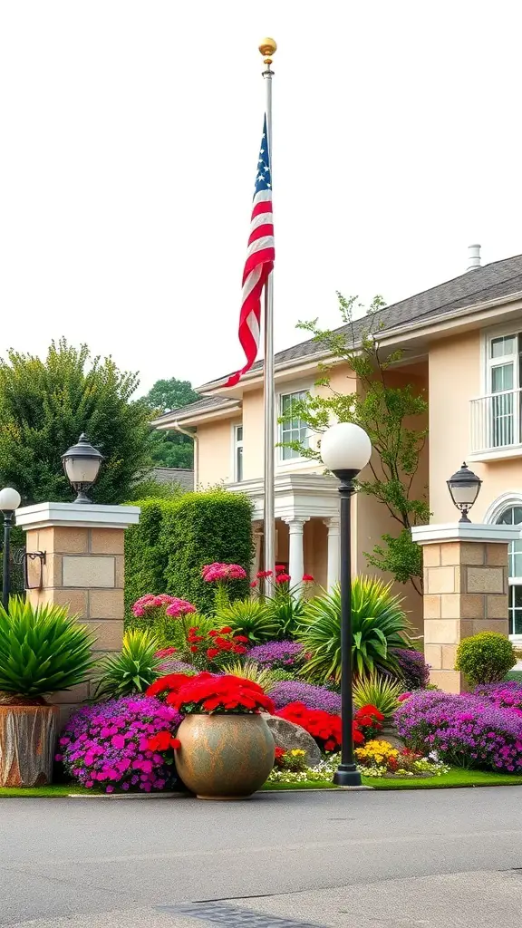 A landscaped entrance featuring a flag pole with an American flag, surrounded by colorful flowers and plants.