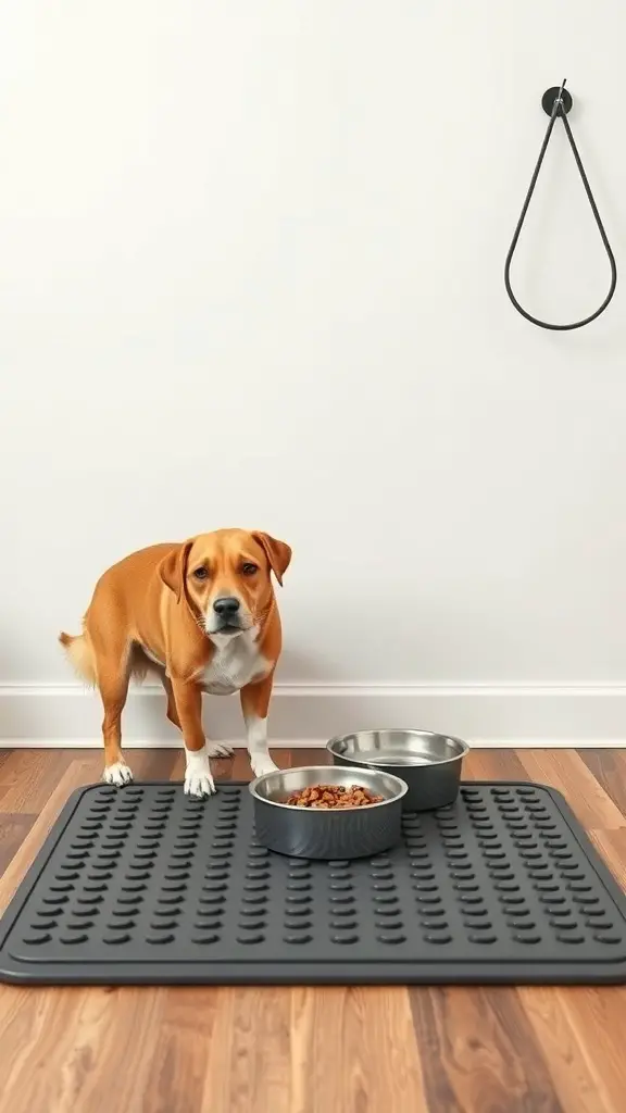 A dog standing next to a feeding station with non-slip features