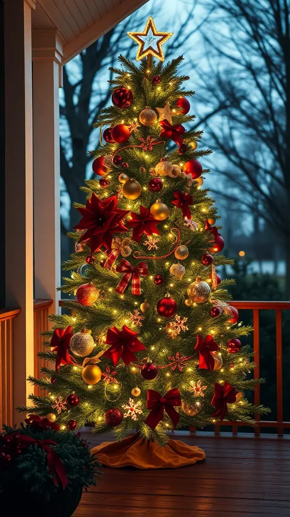A beautifully decorated Christmas tree with outdoor lights on a porch, featuring red and gold ornaments and a star on top.