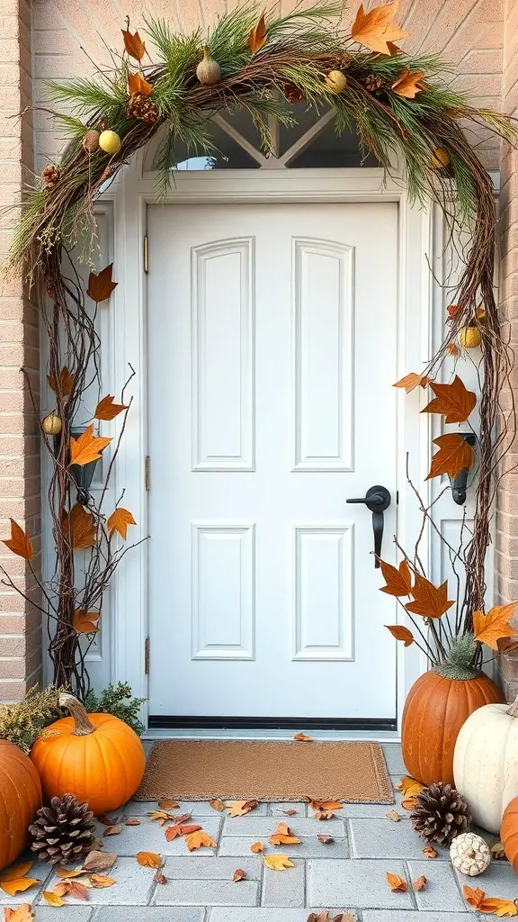 A fall entryway decorated with foliage, pumpkins, and pinecones.