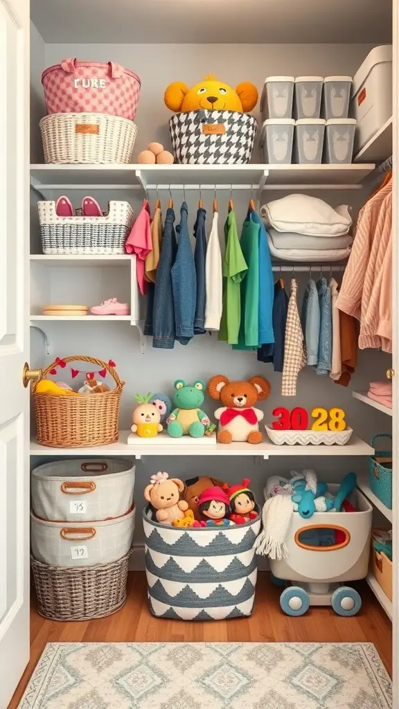 A well-organized kids closet featuring various baskets for storage.