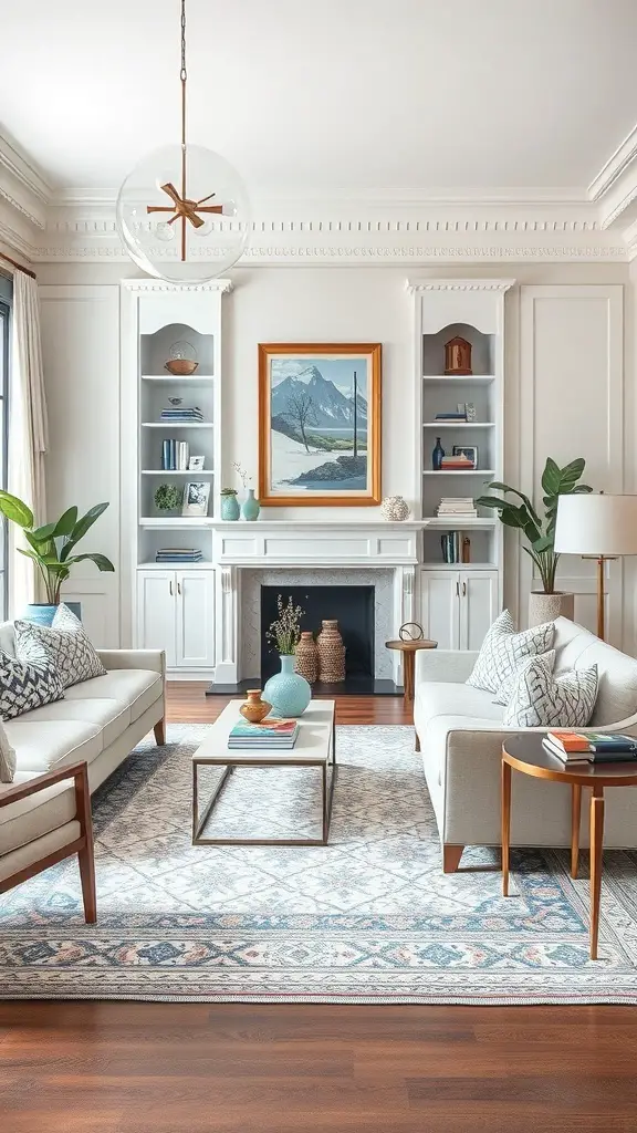 27+ Stunning Ideas for a Neutral and Blue Living Room Decor 17 A living room featuring a blend of modern and traditional styles with neutral and blue decor.