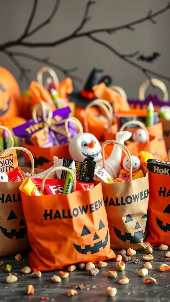 Colorful Halloween goodie bags filled with treats and toys