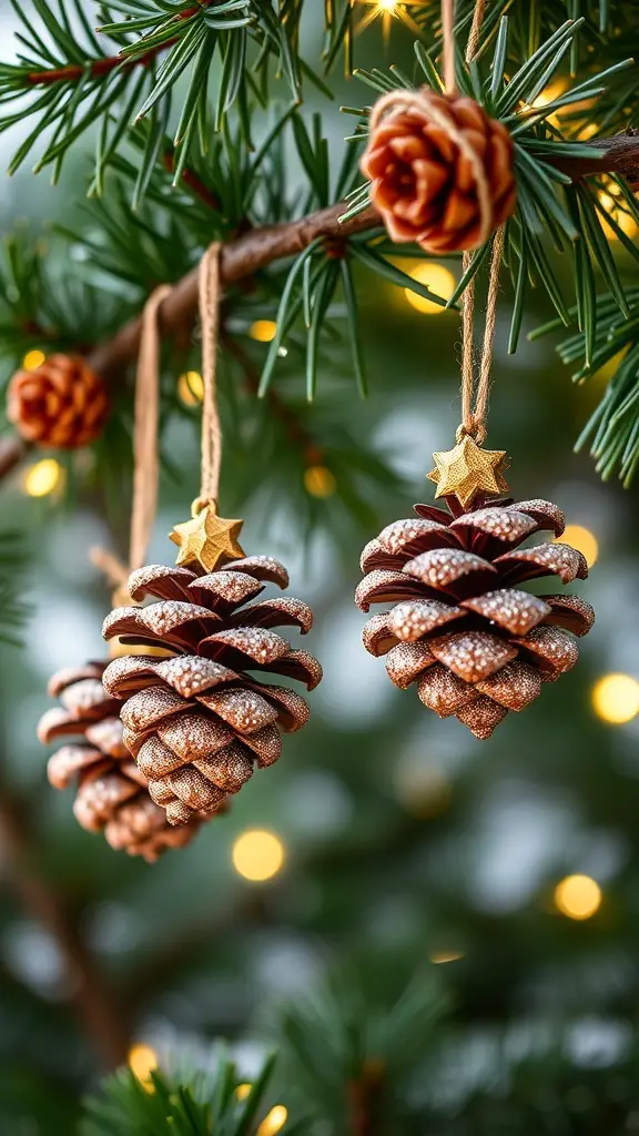 31+ Creative DIY Christmas Decorations You Can Make at Home 18 Glittery pinecone ornaments hanging on a Christmas tree branch