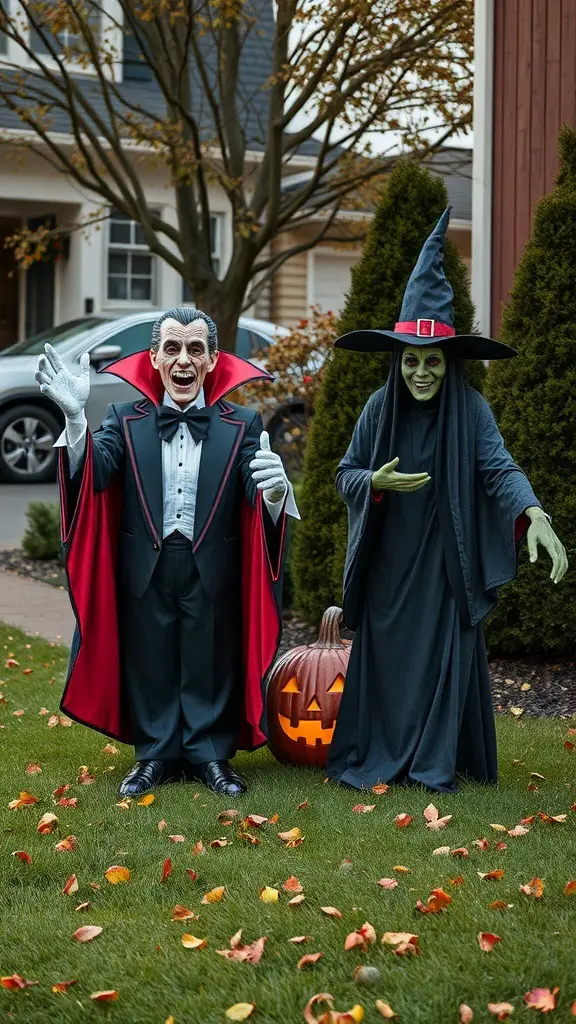 31+ Spooky Halloween House Decorations You Need This Season 17 Vampire and witch cutouts in a yard with a carved pumpkin