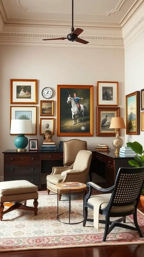 21+ Must-Have Ralph Lauren Home Office Decor Items 6 A cozy home office with a gallery wall of framed art, a comfortable chair, and a desk.