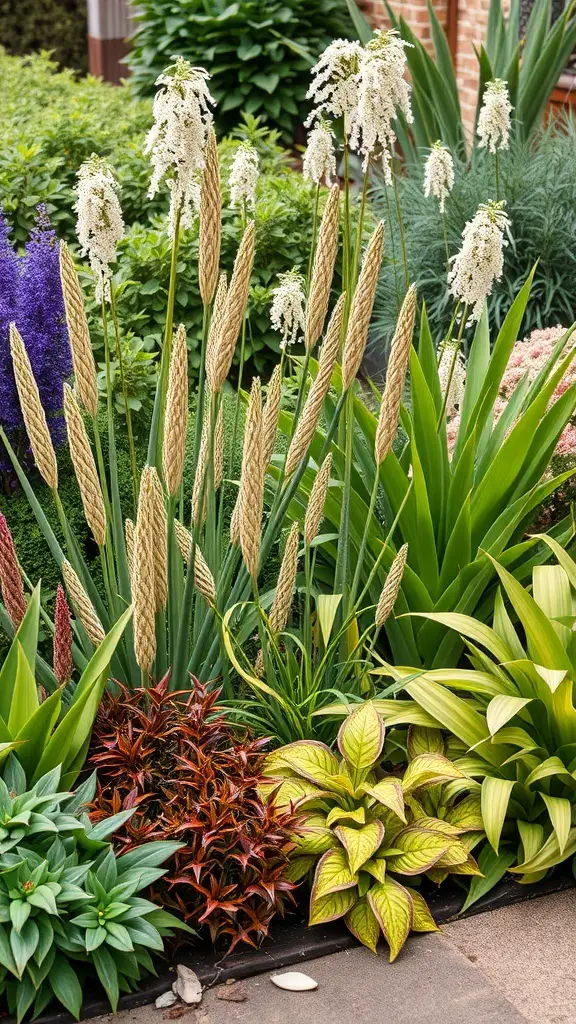 A variety of native plants with tall grass-like flowers and colorful foliage, ideal for water management.