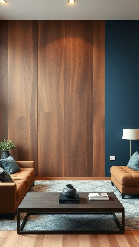 Living room featuring an accent wall with deep brown wood paneling and a blue wall, complemented by brown sofas and a modern coffee table.