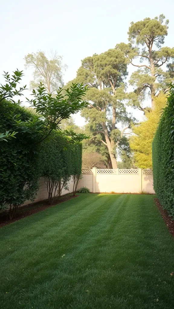 23+ Stunning Rectangular Backyard Design Ideas You’ll Love 16 A rectangular backyard with tall hedges and trees, creating a private and green space.