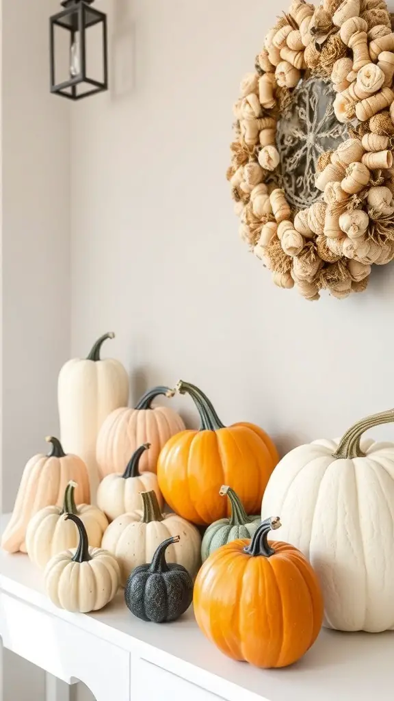 27+ Fall Entry Table Decor Ideas with 10 A collection of orange and white pumpkins arranged at an entryway with greenery.