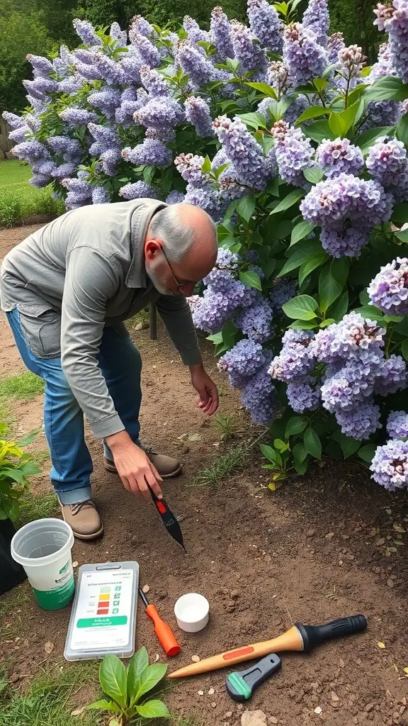 19+ Stunning Lilac Bush Landscaping Ideas for Your Garden 17 A person checking soil quality near lilac bushes with gardening tools.
