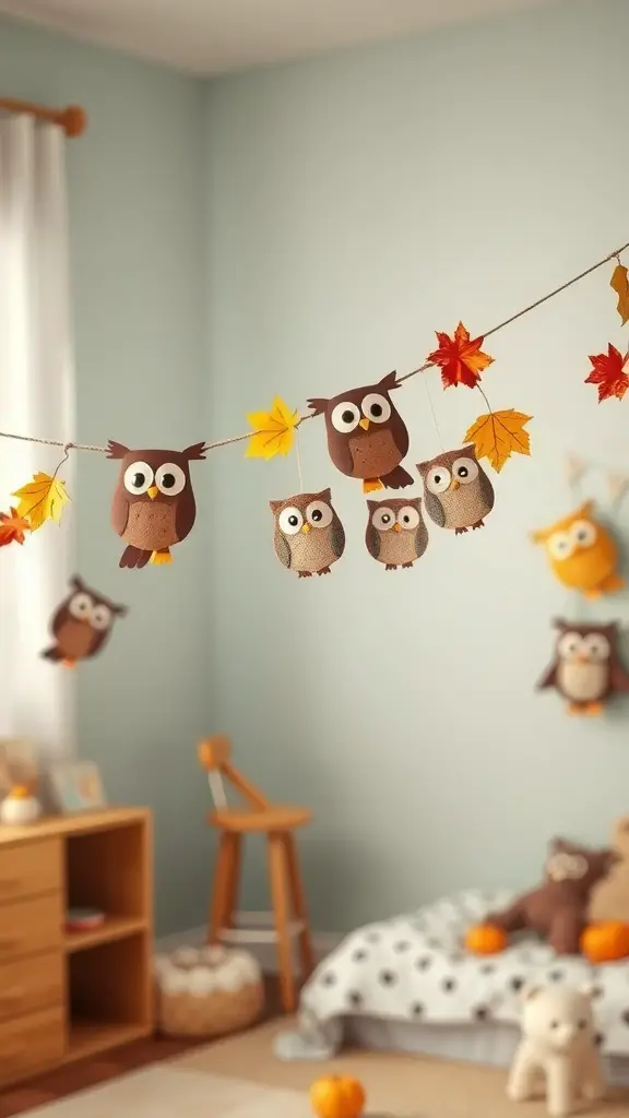 23+ Stunning Fall Garland Ideas for a Cozy Home Decor 16 A colorful garland featuring cute owls and autumn leaves hanging in a cozy room.