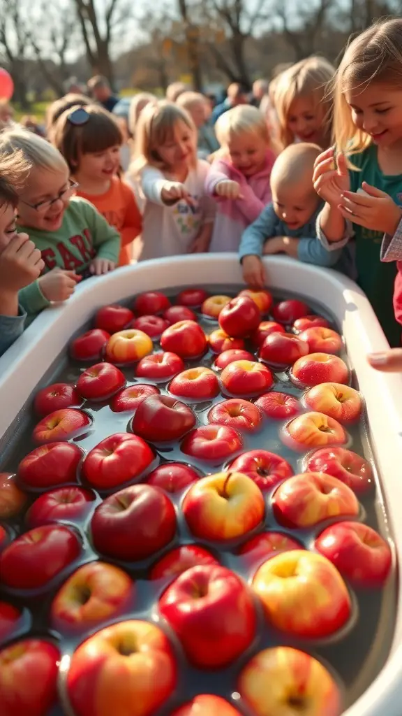 19+ Exciting Halloween Carnival Games for Spooktacular Fun 16 Children excitedly participating in a bobbing for apples game at a Halloween carnival.