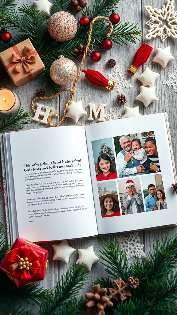 A custom photo book surrounded by Christmas decorations, featuring family photos and holiday-themed items.