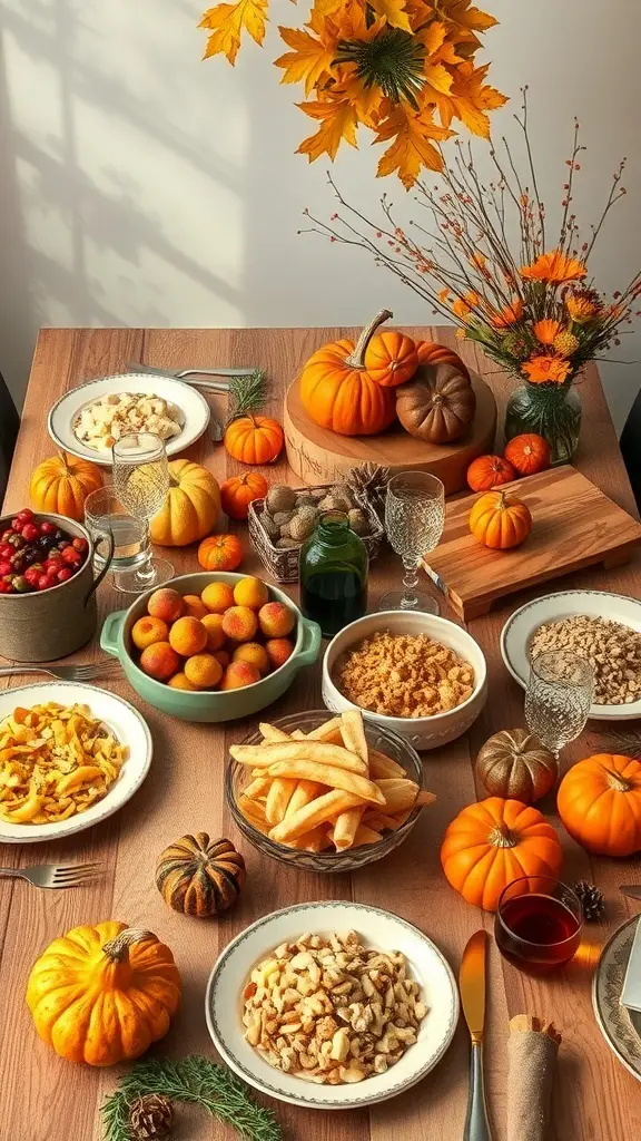 A beautifully arranged table with various autumn dishes, pumpkins, and fall decorations.