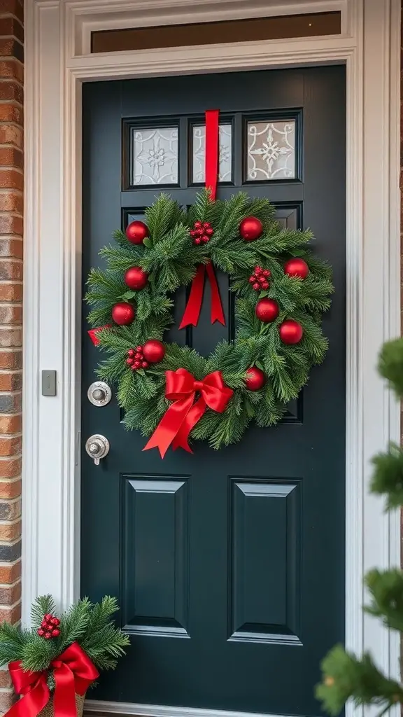 23+ Festive Front Porch Christmas Decor Ideas You’ll Love 14 A festive Christmas wreath with red ornaments and a bow on a dark door
