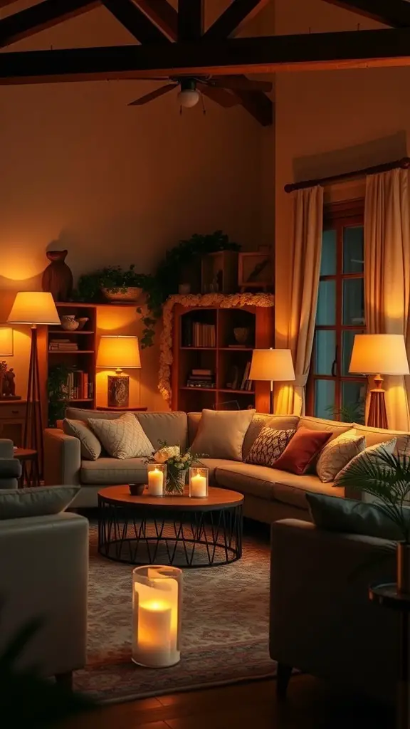A cozy living room with warm lighting, featuring a sofa, coffee table with candles, and plants.