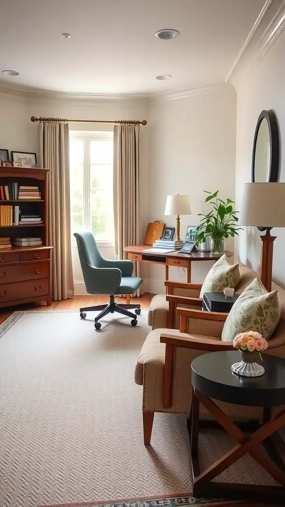 21+ Must-Have Ralph Lauren Home Office Decor Items 5 A stylish home office featuring a desk, comfortable chair, bookshelves, and cozy seating.
