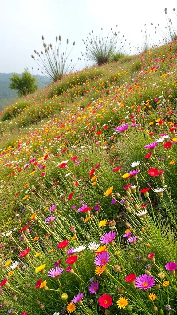 A vibrant wildflower meadow with a variety of colorful flowers on a sloped garden.