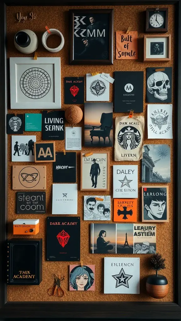 25+ Dark Academia Living Room Essentials You Need for a Cozy Aesthetic 11 A corkboard filled with dark academia-themed posters, maps, and notes.