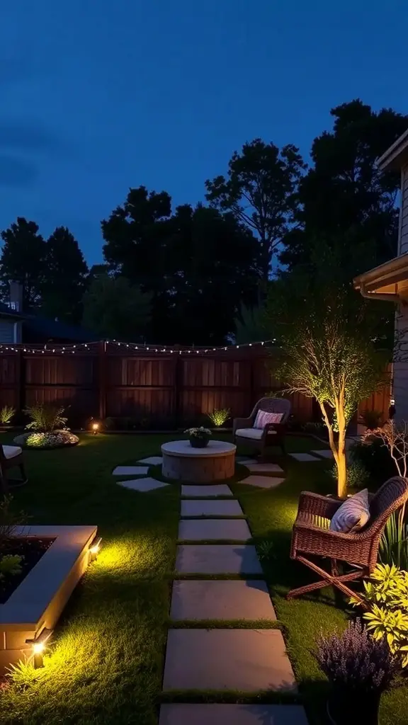 A beautifully lit L-shaped backyard with seating and pathway lights.