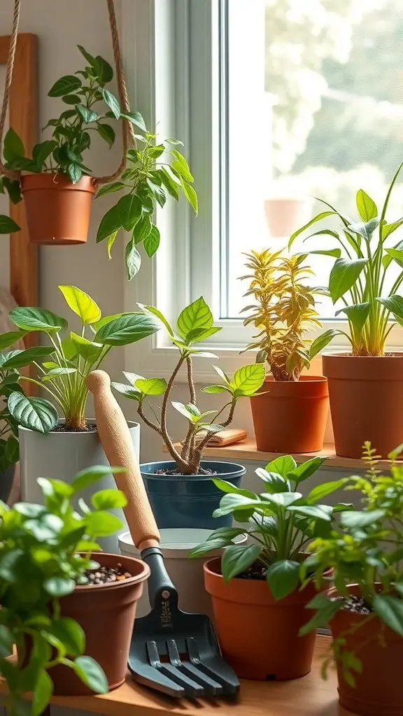 A collection of indoor plants in pots near a window, with a gardening tool resting on a shelf.