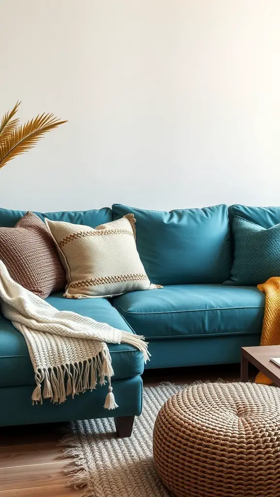 A cozy living room featuring a teal couch with various textured pillows and a knitted throw, complemented by a woven pouf and a natural rug.