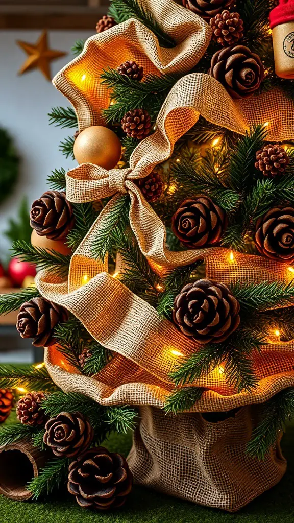 23+ Vintage Christmas Tree Ideas for a Festive Holiday Look 8 A vintage Christmas tree decorated with burlap, pinecones, and warm lights.