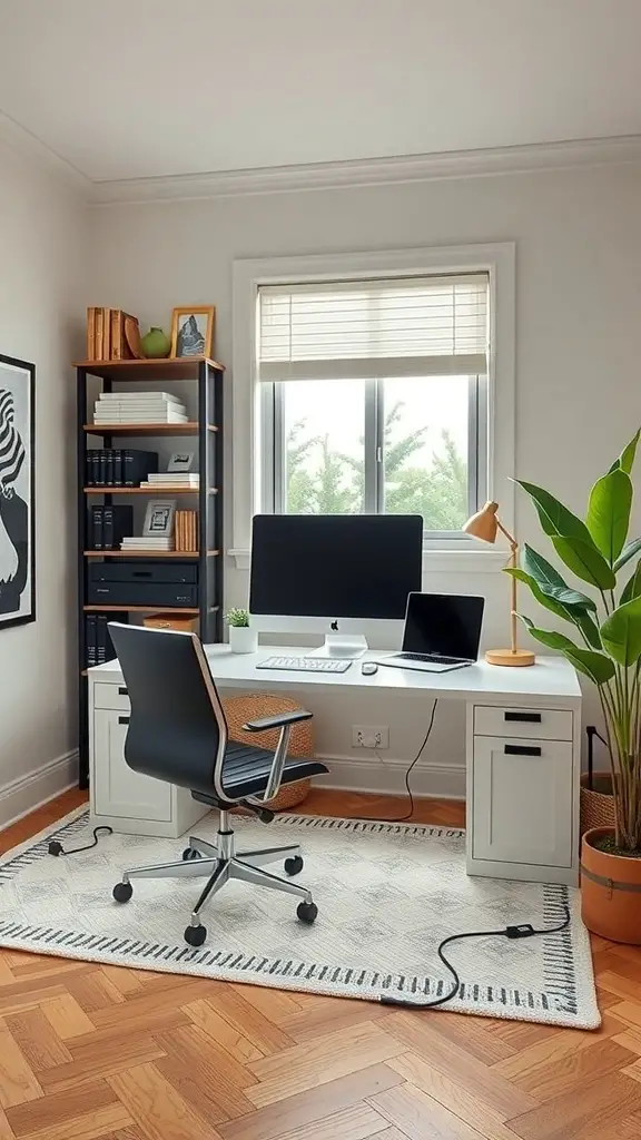 21+ Must-Have Ralph Lauren Home Office Decor Items 10 A modern home office setup featuring a sleek desk with a computer, a laptop, an ergonomic chair, and a plant.