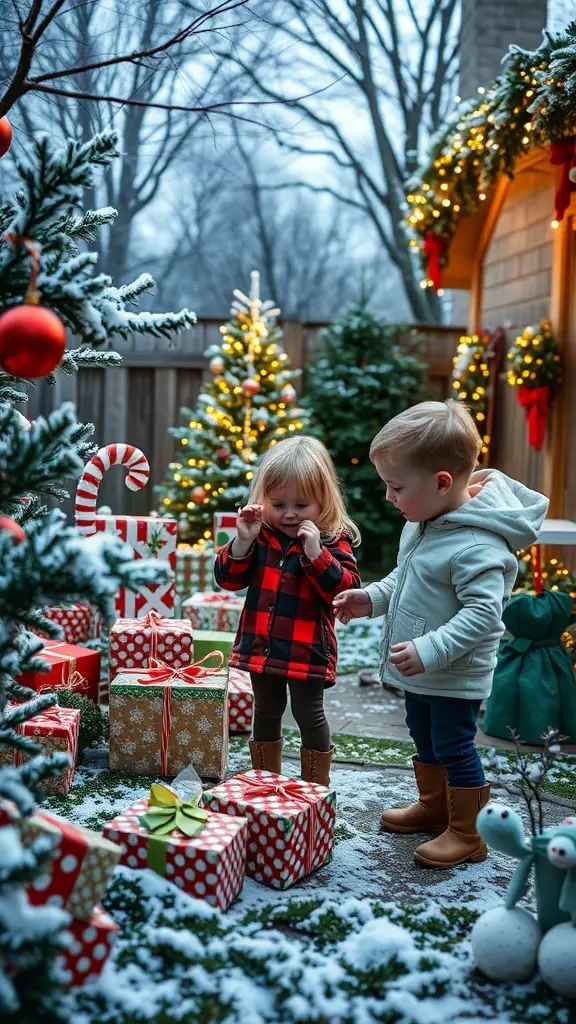 33+ Festive Christmas Party Ideas to Celebrate the Season 15 Children enjoying a Christmas scavenger hunt in a snowy yard with decorated trees and wrapped gifts.