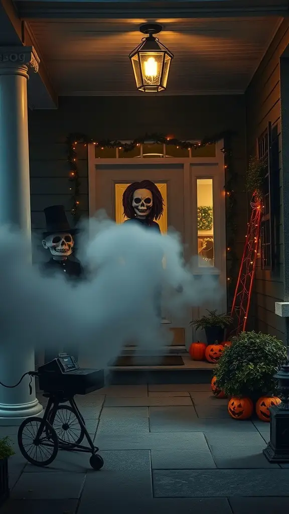 29+ Creative Halloween Porch Ideas to Spookify Your Home 21 A Halloween porch scene with fog effects, skeleton figures, and pumpkins.