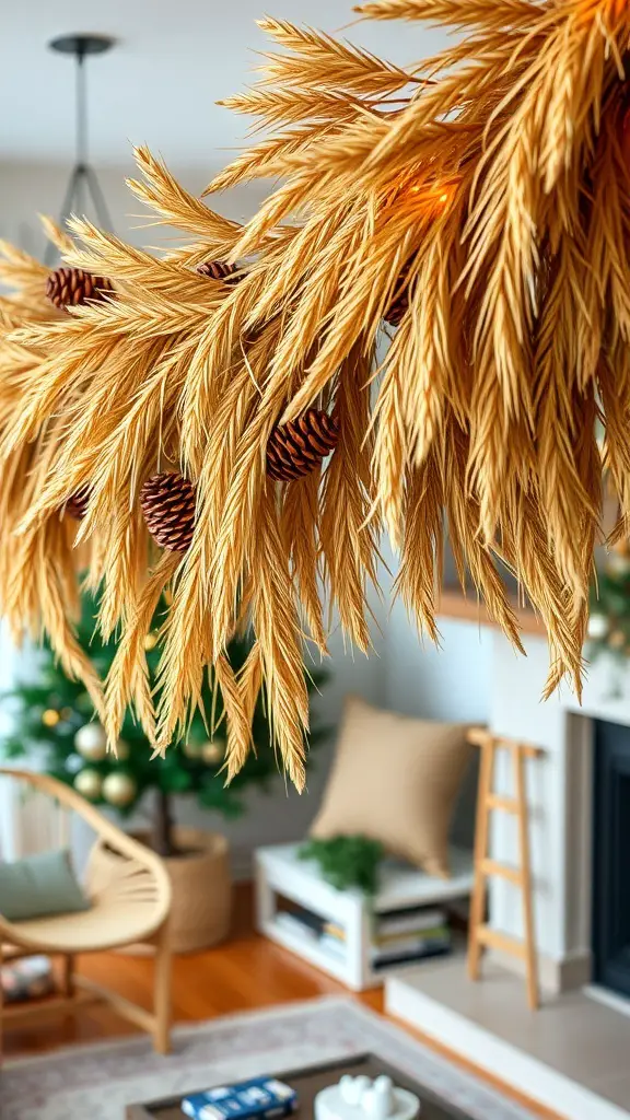 23+ Stunning Fall Garland Ideas for a Cozy Home Decor 11 A close-up of a golden wheat and pinecone garland, hanging in a cozy living room setting.