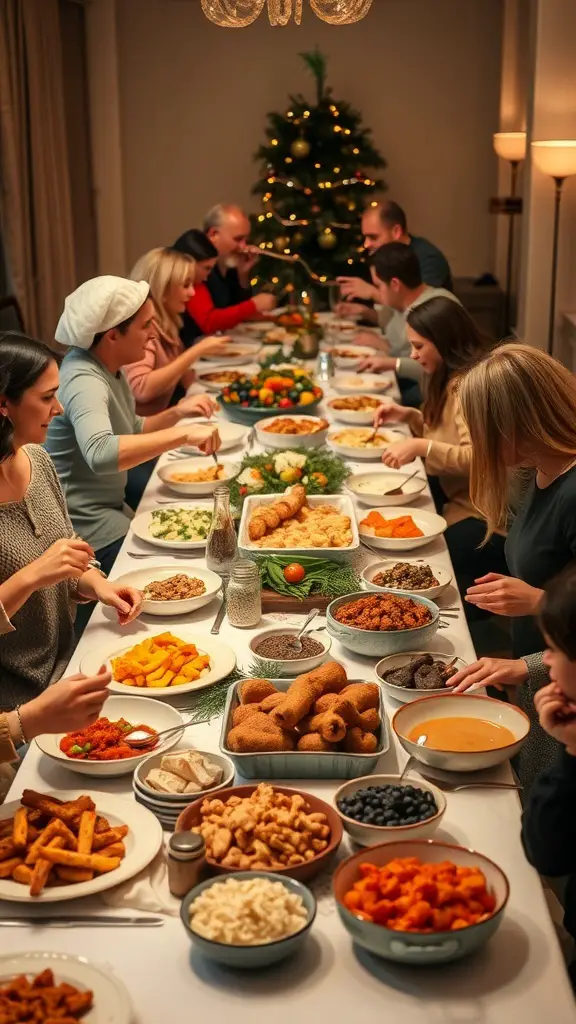 33+ Festive Christmas Party Ideas to Celebrate the Season 18 A festive holiday potluck dinner with a long table filled with various dishes, surrounded by people enjoying their meal.